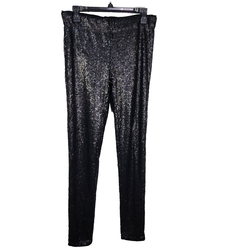 May & July Women Pant Leggings Medium Black Sequins Skinny Stretch Lined Shimmer